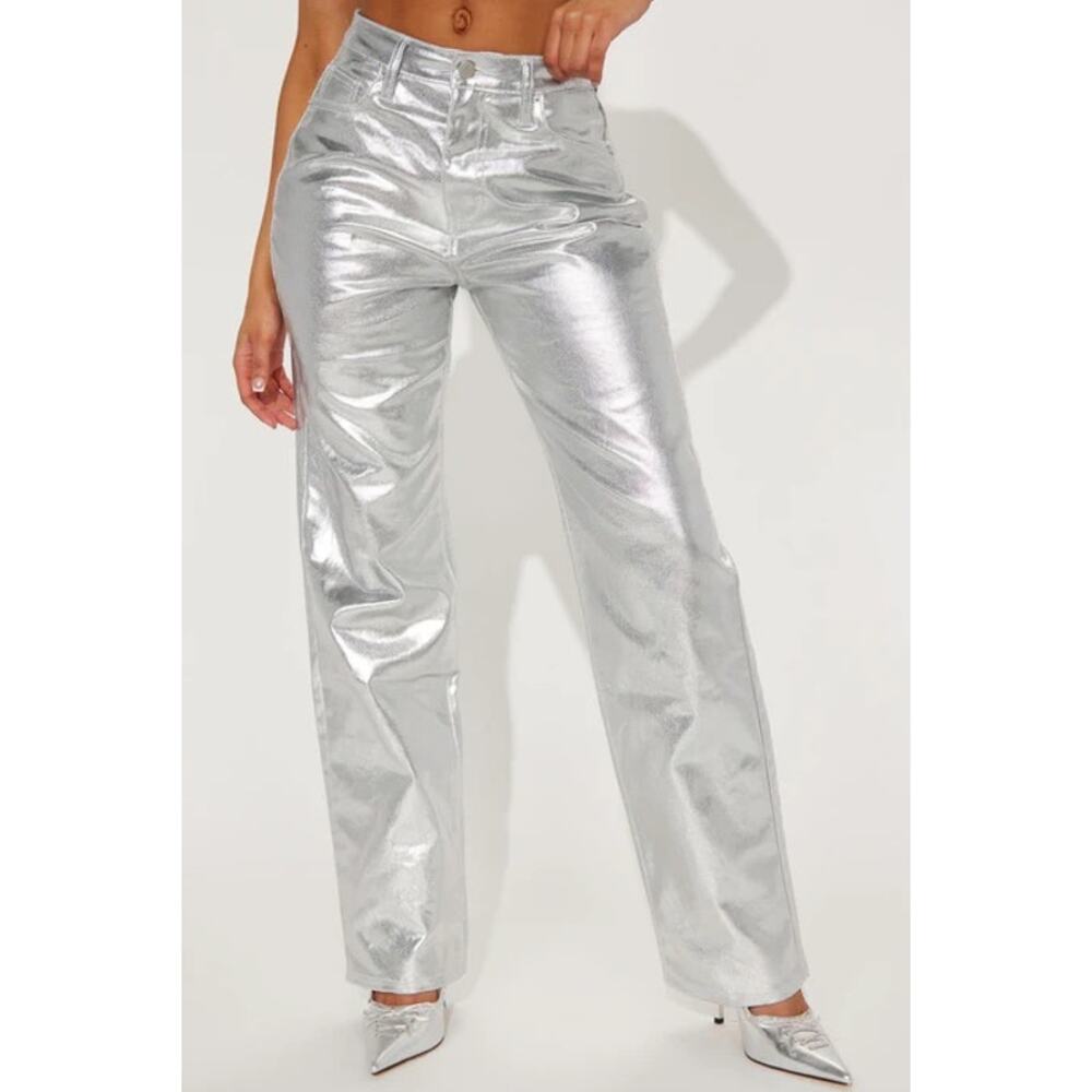 Fashion Nova Felt A Spark Metallic Straight Leg Pants Silver Size 15 New